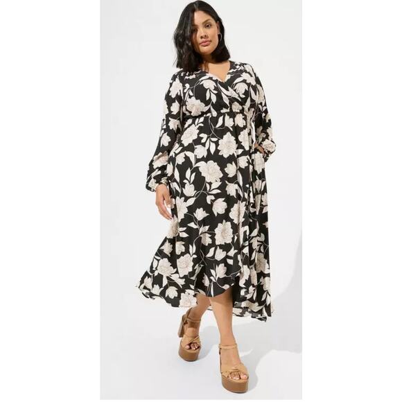 Torrid Women’s Dress Midi Washable Crinkle Gauze Ruffle Surplice Black Floral 3 - Picture 1 of 11